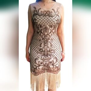 1920s Gatsby Embroidery Art Deco Dress145 (L, Beige)
